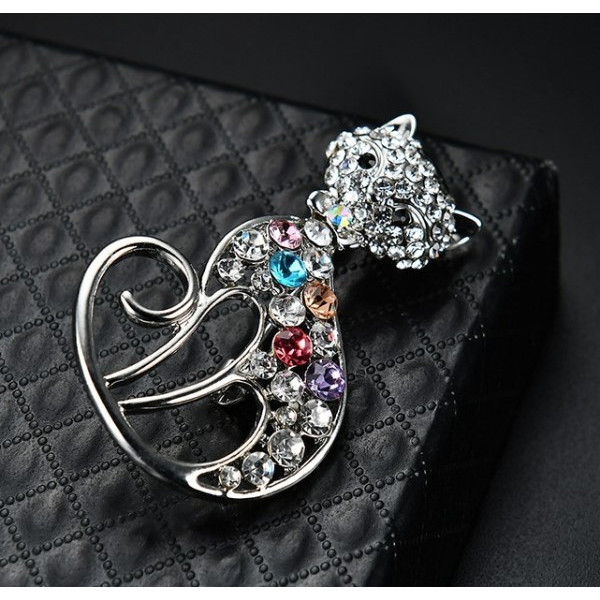 Elegant Silver Colourful Cat Brooch